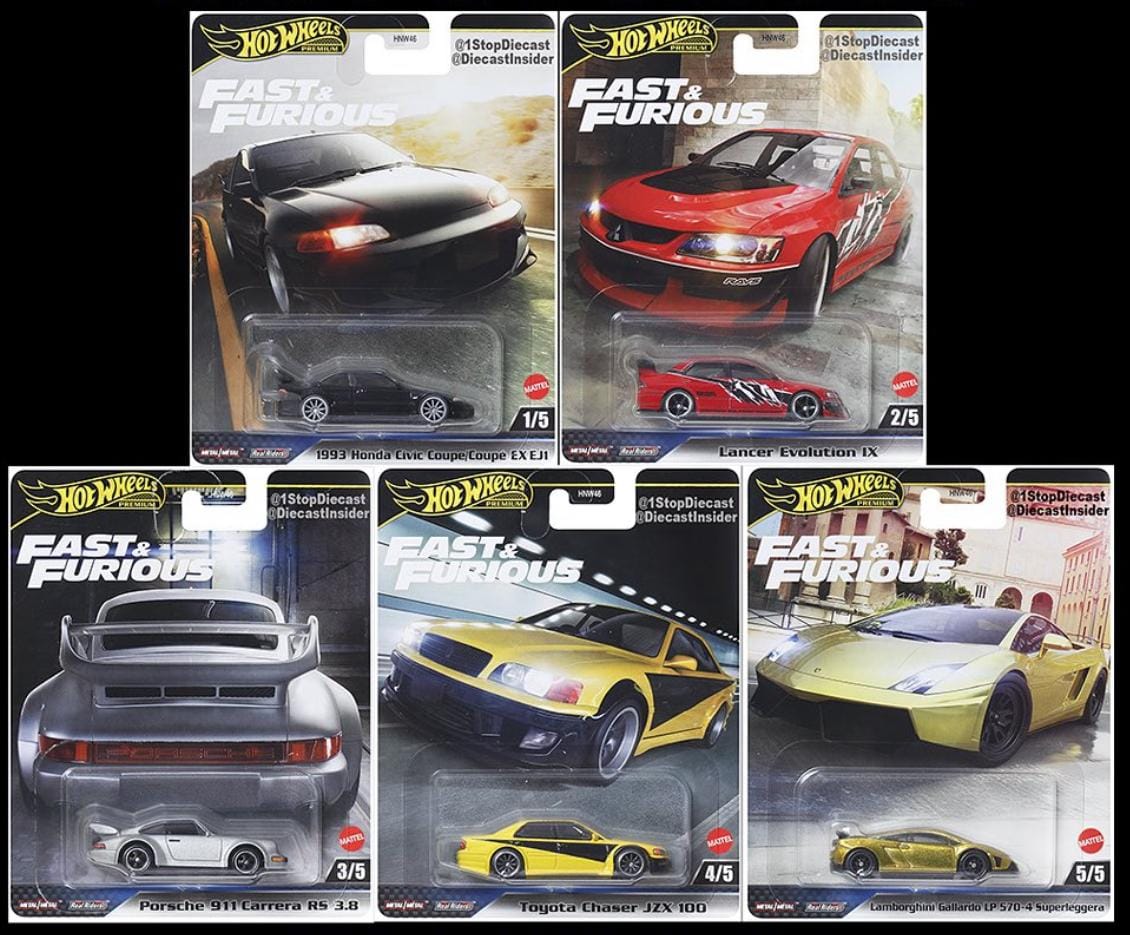 Hot Wheels Fast & Furious themed die-cast cars featuring film-based designs