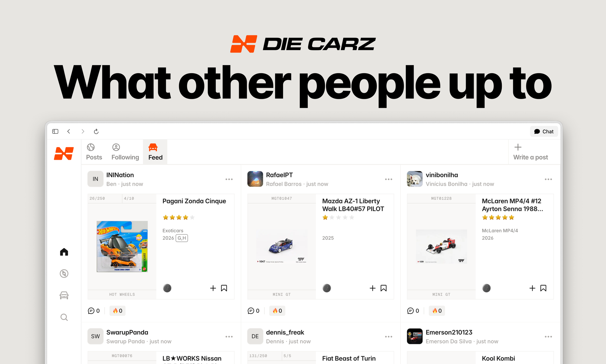 Die Carz web version showing activity from other collectors