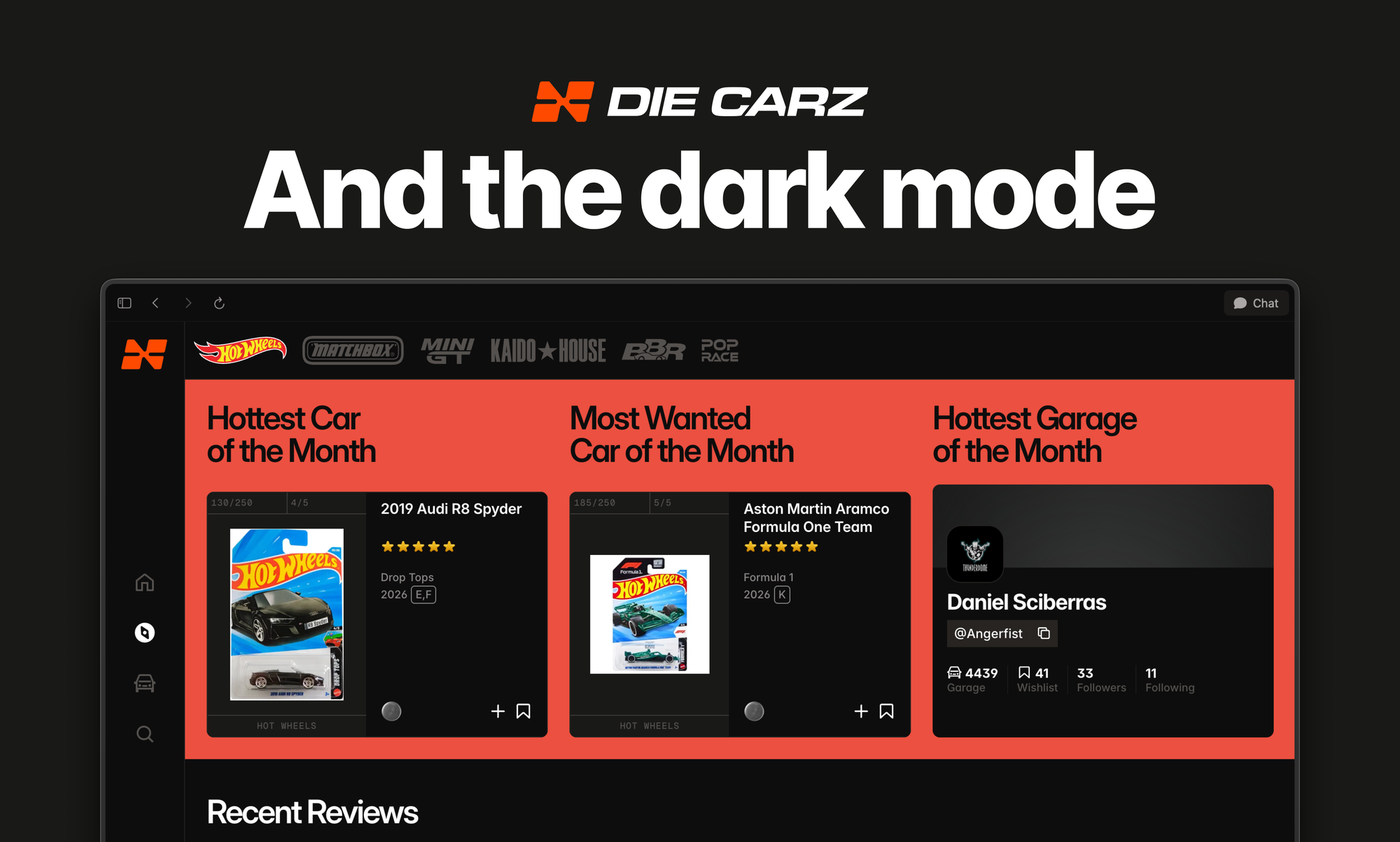 Die Carz web version dark mode interface on desktop