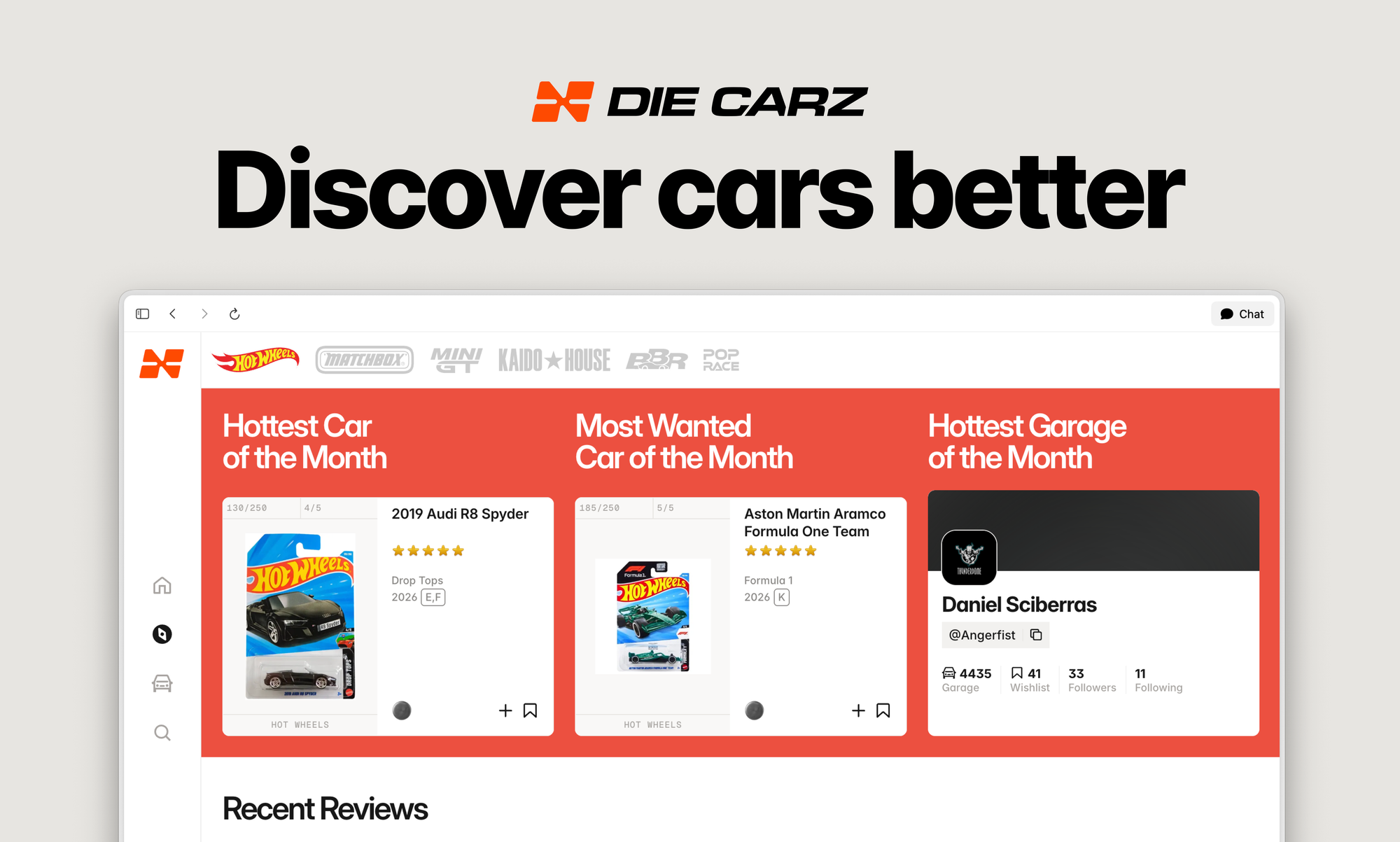 Die Carz web version discover section showing new die-cast cars