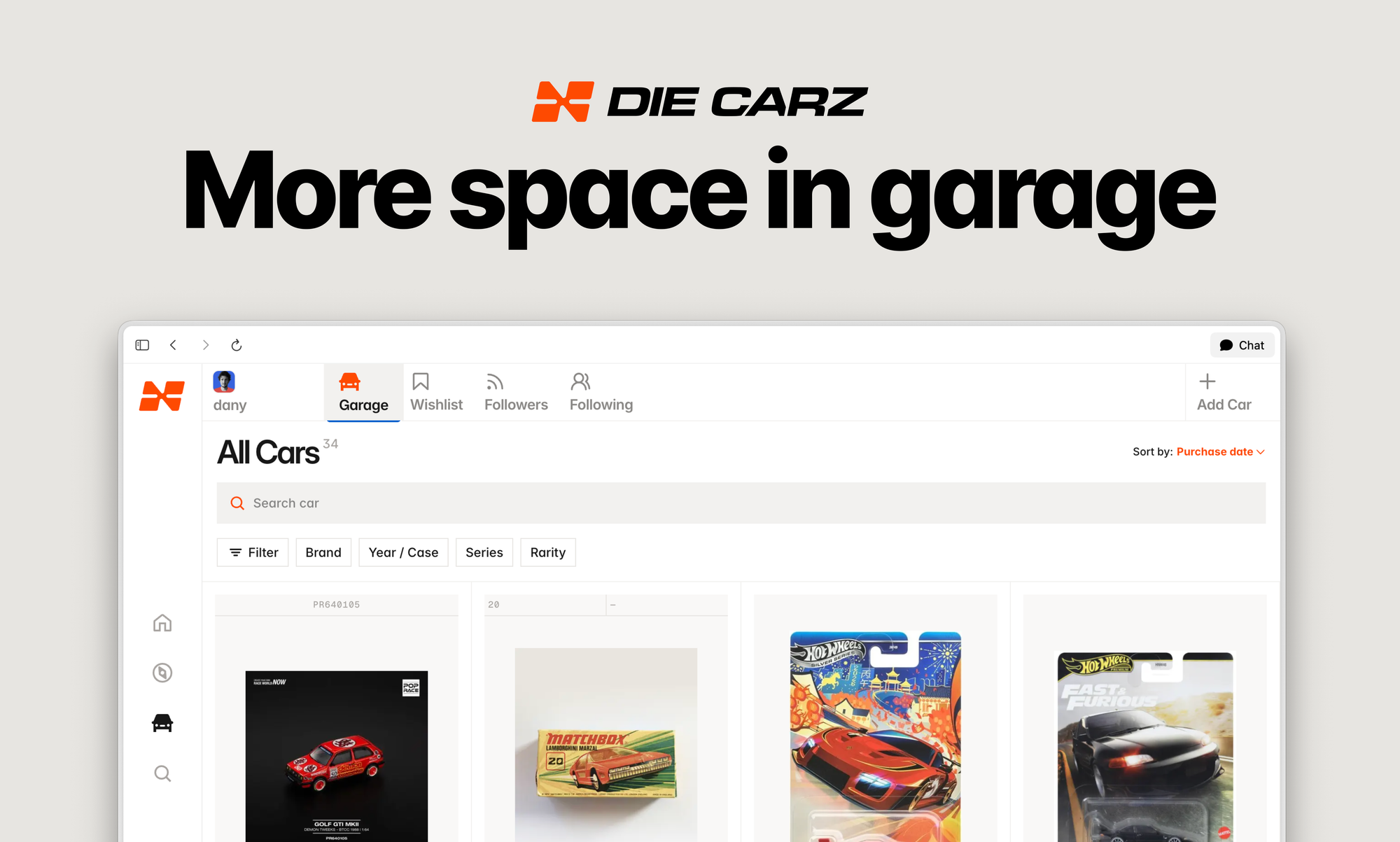 Die Carz web version garage view showing more cars in grid layout