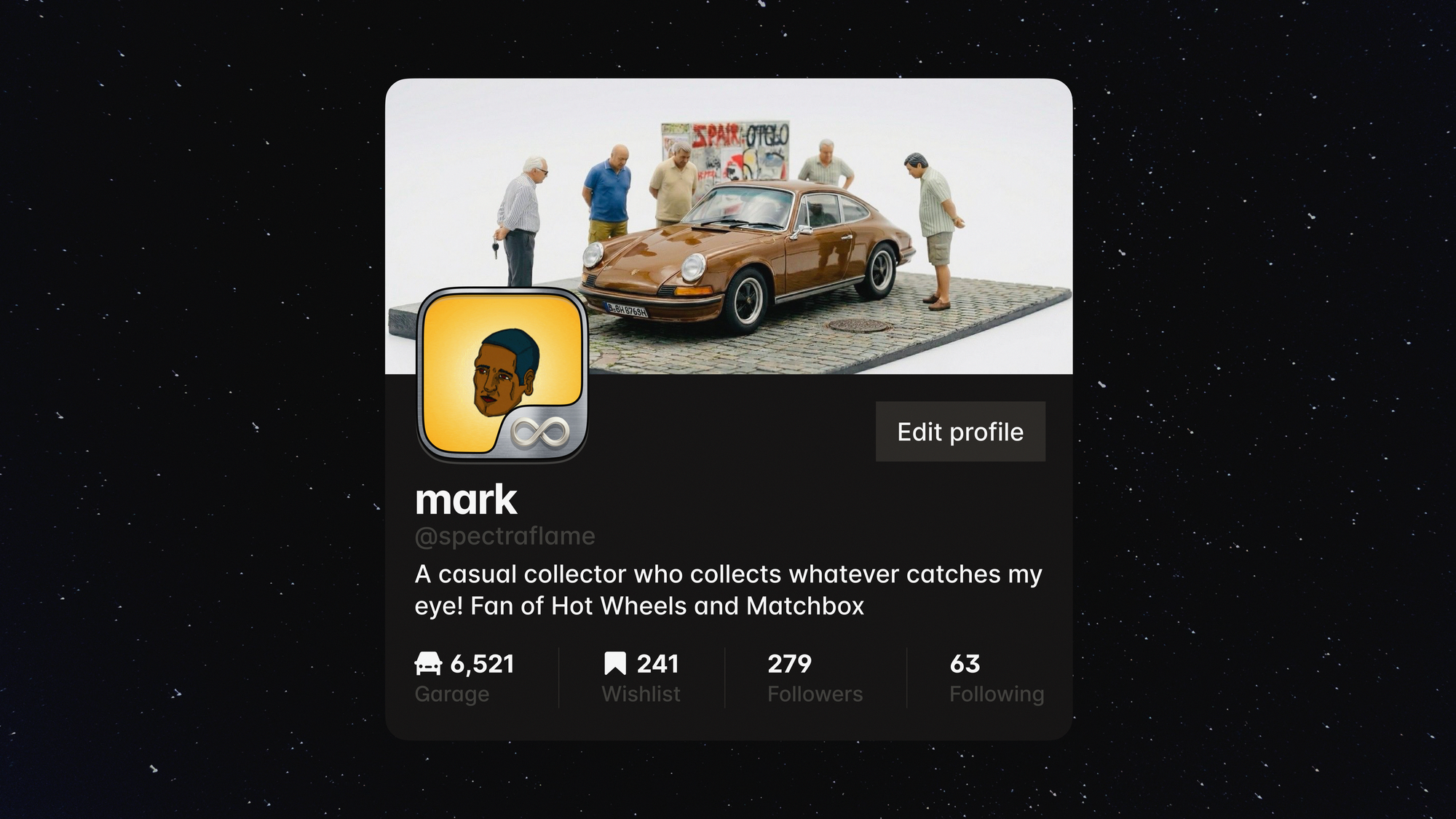 Dark Theme in the Die Carz app for browsing and managing diecast collections